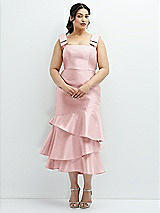 Rear View Thumbnail - Ballet Pink Bow-Shoulder Satin Midi Dress with Asymmetrical Tiered Skirt