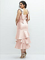 Front View Thumbnail - Blush Bow-Shoulder Satin Midi Dress with Asymmetrical Tiered Skirt