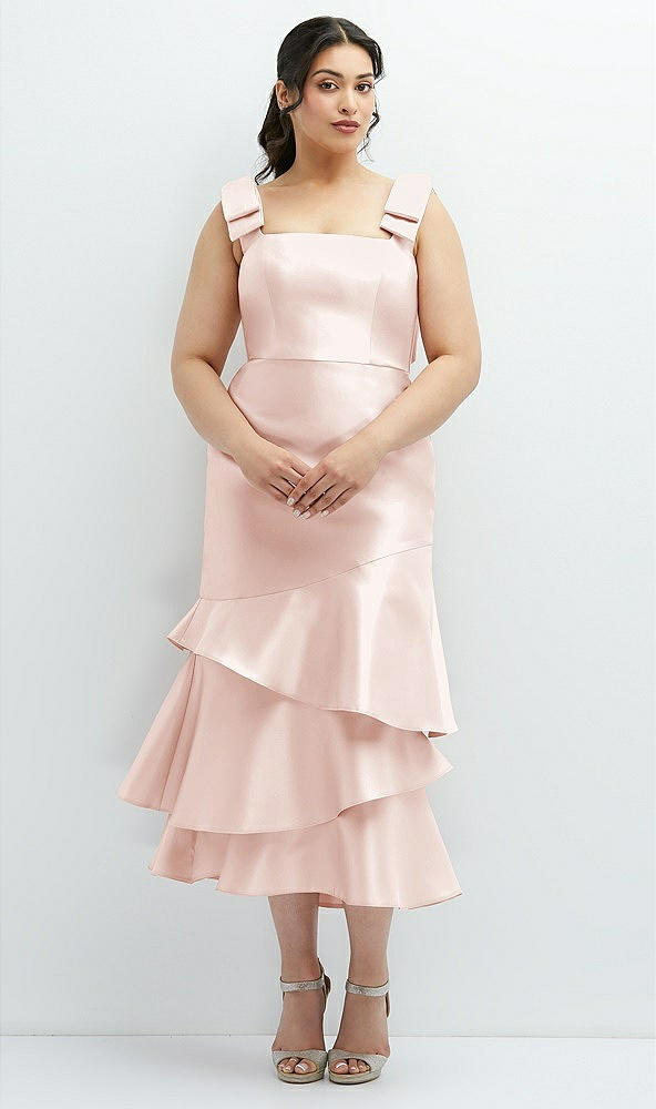 Back View - Blush Bow-Shoulder Satin Midi Dress with Asymmetrical Tiered Skirt