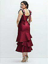 Front View Thumbnail - Burgundy Bow-Shoulder Satin Midi Dress with Asymmetrical Tiered Skirt