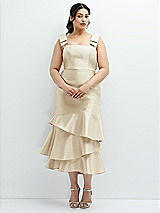 Rear View Thumbnail - Champagne Bow-Shoulder Satin Midi Dress with Asymmetrical Tiered Skirt