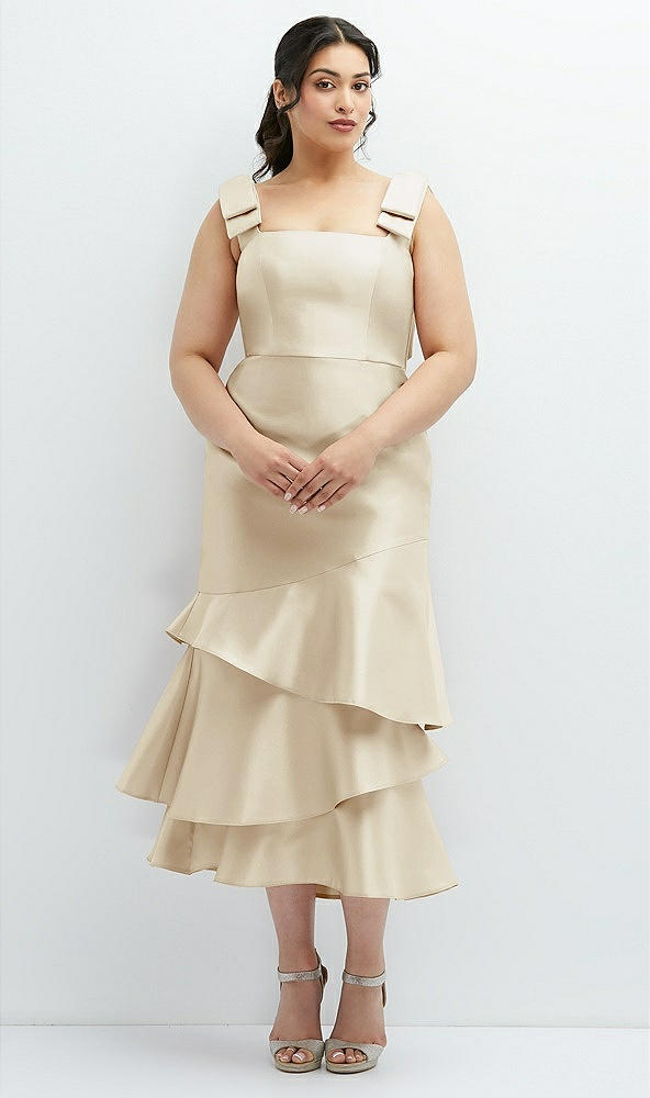 Back View - Champagne Bow-Shoulder Satin Midi Dress with Asymmetrical Tiered Skirt