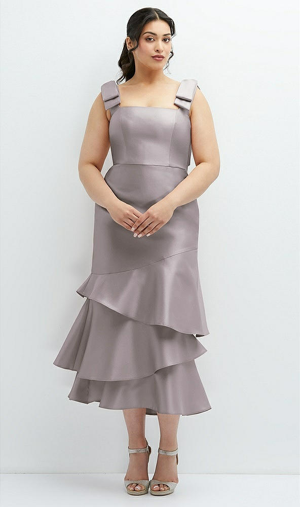 Back View - Cashmere Gray Bow-Shoulder Satin Midi Dress with Asymmetrical Tiered Skirt