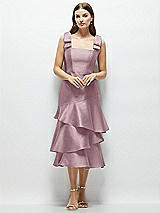 Alt View 1 Thumbnail - Dusty Rose Bow-Shoulder Satin Midi Dress with Asymmetrical Tiered Skirt