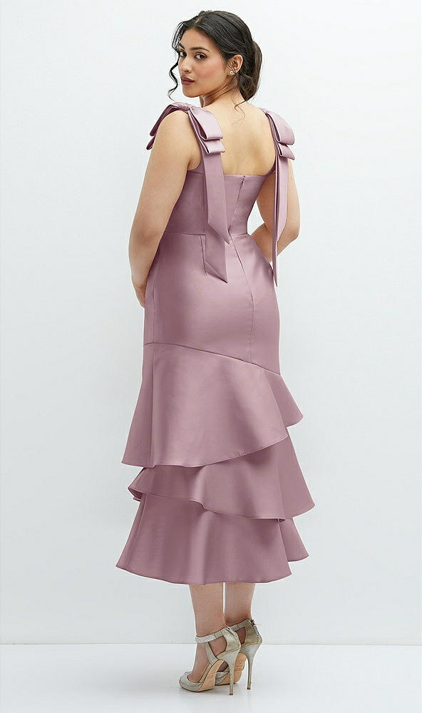 Front View - Dusty Rose Bow-Shoulder Satin Midi Dress with Asymmetrical Tiered Skirt