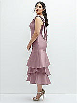 Side View Thumbnail - Dusty Rose Bow-Shoulder Satin Midi Dress with Asymmetrical Tiered Skirt