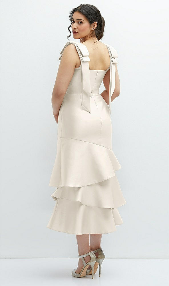 Front View - Ivory Bow-Shoulder Satin Midi Dress with Asymmetrical Tiered Skirt