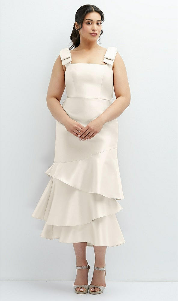 Back View - Ivory Bow-Shoulder Satin Midi Dress with Asymmetrical Tiered Skirt