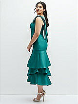 Side View Thumbnail - Jade Bow-Shoulder Satin Midi Dress with Asymmetrical Tiered Skirt