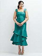 Rear View Thumbnail - Jade Bow-Shoulder Satin Midi Dress with Asymmetrical Tiered Skirt