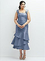 Rear View Thumbnail - Larkspur Blue Bow-Shoulder Satin Midi Dress with Asymmetrical Tiered Skirt