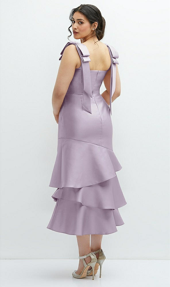 Front View - Lilac Haze Bow-Shoulder Satin Midi Dress with Asymmetrical Tiered Skirt