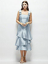 Alt View 1 Thumbnail - Mist Bow-Shoulder Satin Midi Dress with Asymmetrical Tiered Skirt