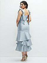 Front View Thumbnail - Mist Bow-Shoulder Satin Midi Dress with Asymmetrical Tiered Skirt