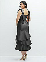 Front View Thumbnail - Pewter Bow-Shoulder Satin Midi Dress with Asymmetrical Tiered Skirt