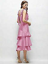 Alt View 3 Thumbnail - Powder Pink Bow-Shoulder Satin Midi Dress with Asymmetrical Tiered Skirt