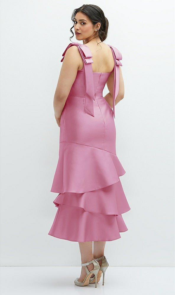 Front View - Powder Pink Bow-Shoulder Satin Midi Dress with Asymmetrical Tiered Skirt