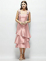 Alt View 1 Thumbnail - Rose - PANTONE Rose Quartz Bow-Shoulder Satin Midi Dress with Asymmetrical Tiered Skirt