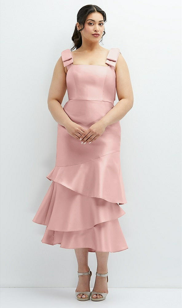 Back View - Rose - PANTONE Rose Quartz Bow-Shoulder Satin Midi Dress with Asymmetrical Tiered Skirt