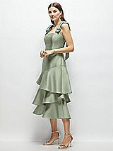 Alt View 2 Thumbnail - Sage Bow-Shoulder Satin Midi Dress with Asymmetrical Tiered Skirt