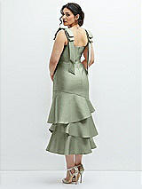 Front View Thumbnail - Sage Bow-Shoulder Satin Midi Dress with Asymmetrical Tiered Skirt