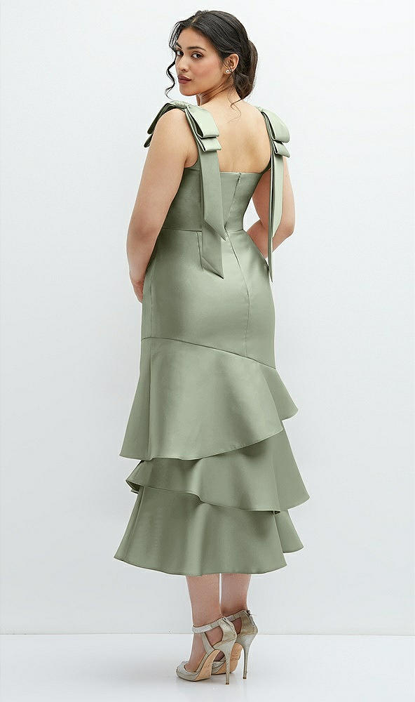 Front View - Sage Bow-Shoulder Satin Midi Dress with Asymmetrical Tiered Skirt