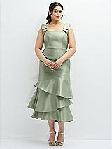 Rear View Thumbnail - Sage Bow-Shoulder Satin Midi Dress with Asymmetrical Tiered Skirt