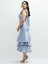 Side View Thumbnail - Sky Blue Bow-Shoulder Satin Midi Dress with Asymmetrical Tiered Skirt