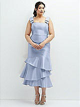 Rear View Thumbnail - Sky Blue Bow-Shoulder Satin Midi Dress with Asymmetrical Tiered Skirt