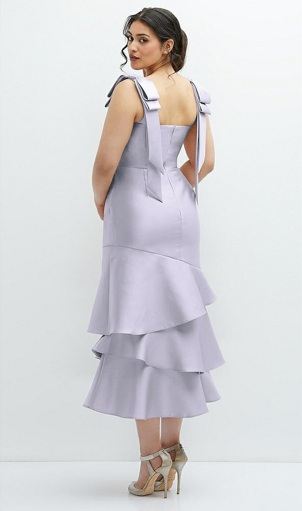 Front View - Silver Dove Bow-Shoulder Satin Midi Dress with Asymmetrical Tiered Skirt