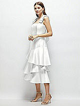 Alt View 2 Thumbnail - White Bow-Shoulder Satin Midi Dress with Asymmetrical Tiered Skirt