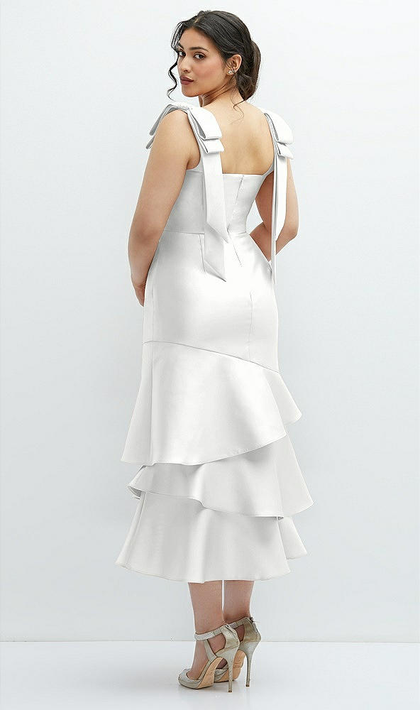 Front View - White Bow-Shoulder Satin Midi Dress with Asymmetrical Tiered Skirt