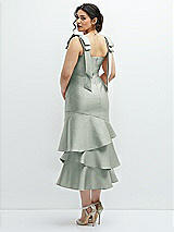 Front View Thumbnail - Willow Green Bow-Shoulder Satin Midi Dress with Asymmetrical Tiered Skirt