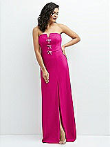 Front View Thumbnail - Think Pink Strapless Notch-Neck Crepe A-line Dress with Rhinestone Piping Bows