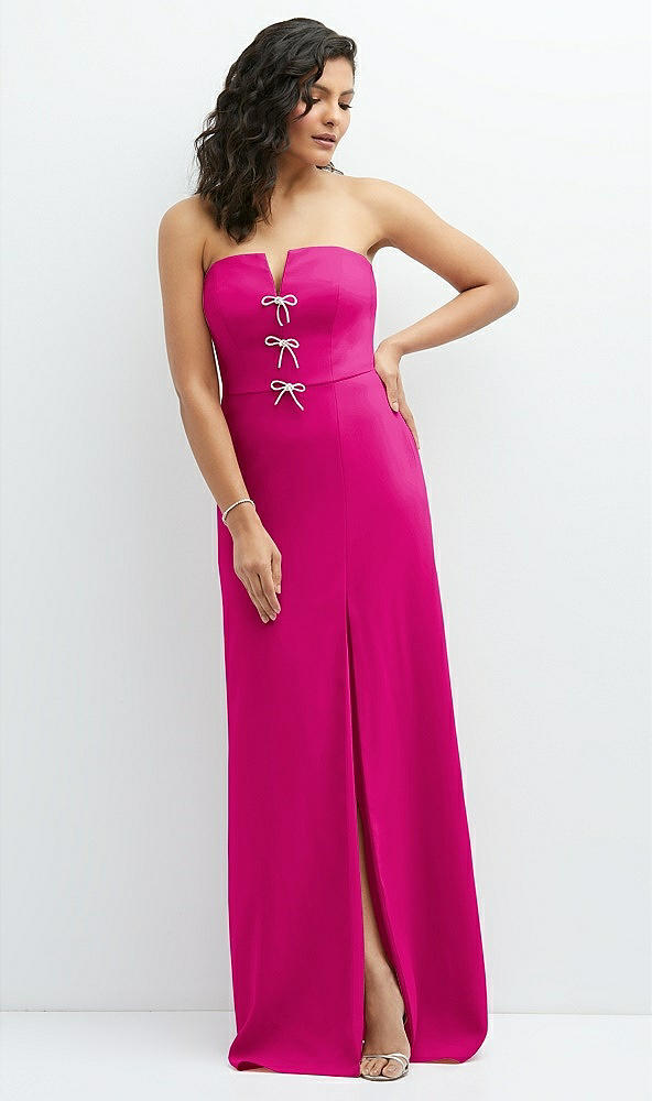 Front View - Think Pink Strapless Notch-Neck Crepe A-line Dress with Rhinestone Piping Bows