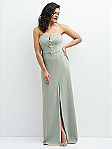 Front View Thumbnail - Willow Green Strapless Notch-Neck Crepe A-line Dress with Rhinestone Piping Bows