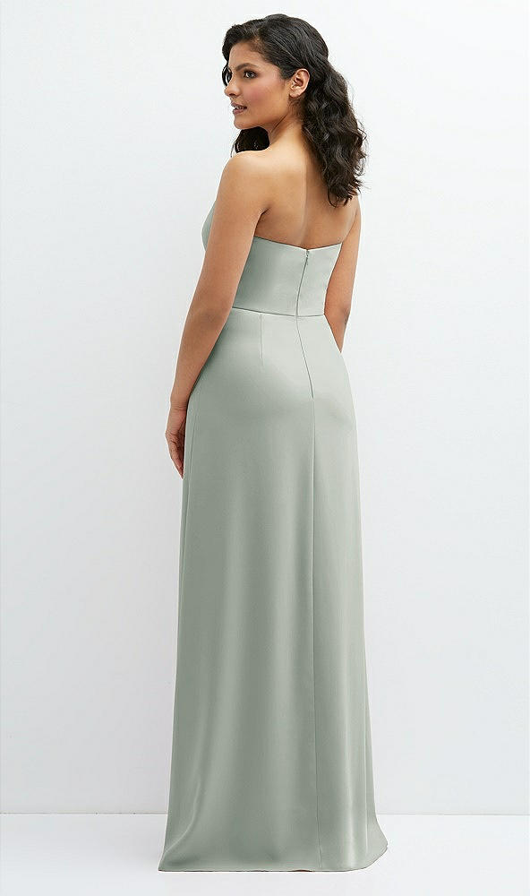 Back View - Willow Green Strapless Notch-Neck Crepe A-line Dress with Rhinestone Piping Bows