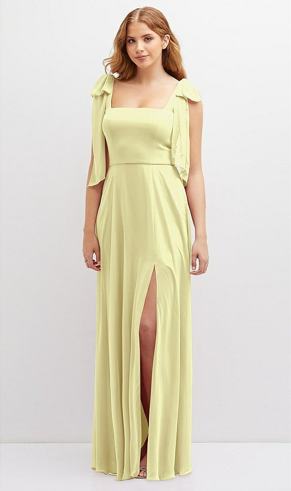 Front View - Butter Yellow Bow Shoulder Square Neck Chiffon Maxi Dress