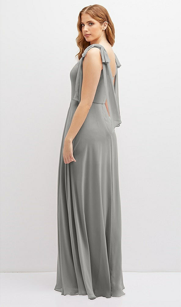 Back View - Chelsea Gray Bow Shoulder Square Neck Chiffon Maxi Dress