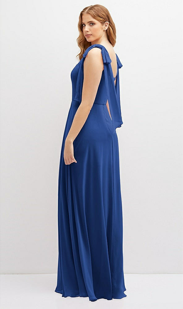 Back View - Classic Blue Bow Shoulder Square Neck Chiffon Maxi Dress