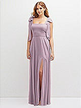 Front View Thumbnail - Suede Rose Bow Shoulder Square Neck Chiffon Maxi Dress