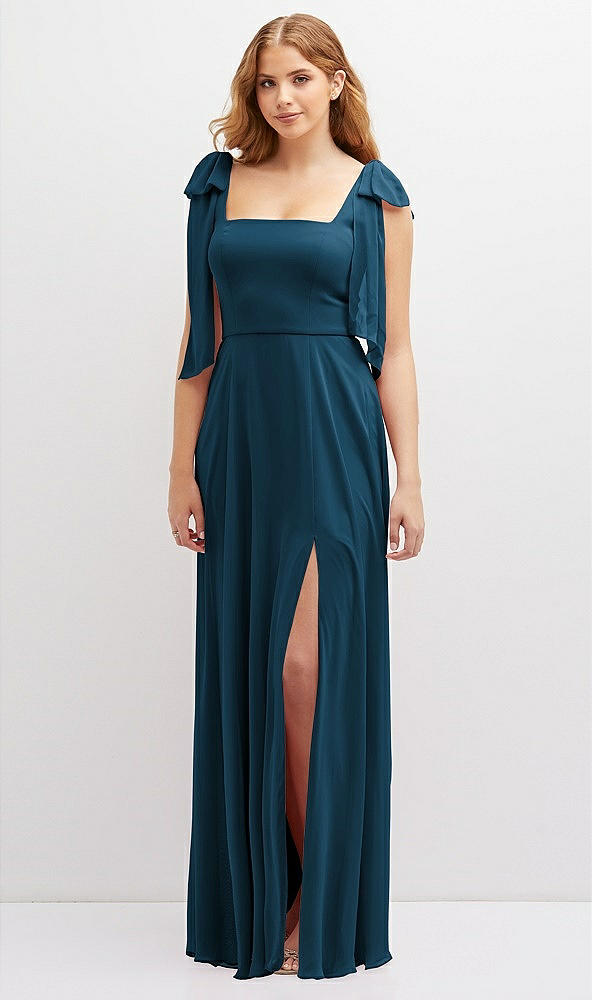 Front View - Atlantic Blue Bow Shoulder Square Neck Chiffon Maxi Dress