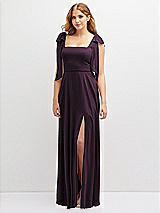 Front View Thumbnail - Aubergine Bow Shoulder Square Neck Chiffon Maxi Dress