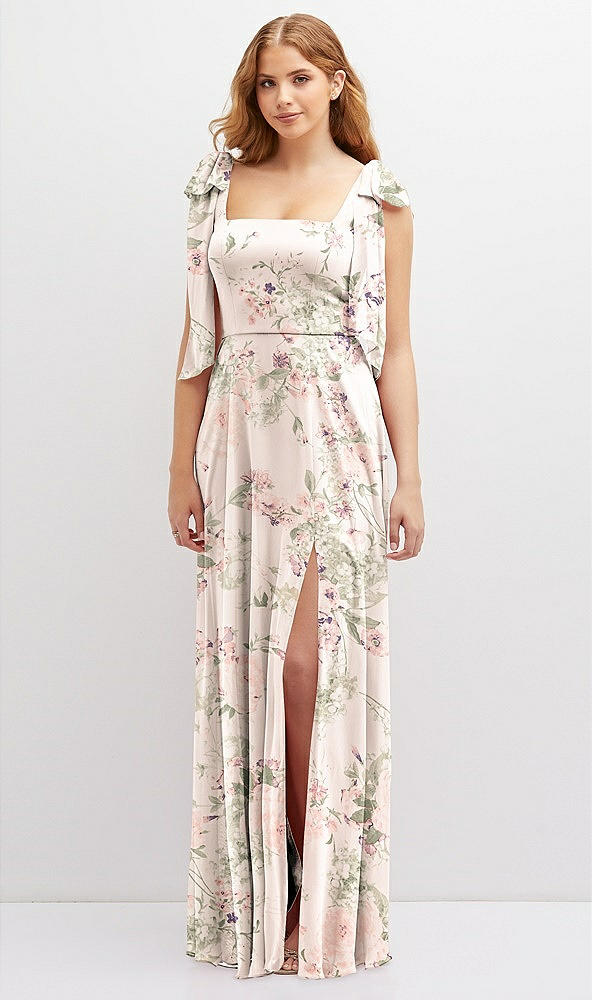 Front View - Blush Garden Bow Shoulder Square Neck Chiffon Maxi Dress