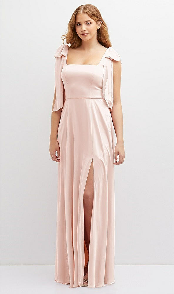 Front View - Blush Bow Shoulder Square Neck Chiffon Maxi Dress