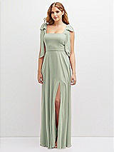 Front View Thumbnail - Celadon Bow Shoulder Square Neck Chiffon Maxi Dress