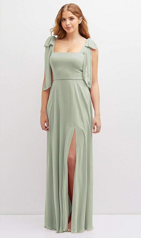 Front View - Celadon Bow Shoulder Square Neck Chiffon Maxi Dress