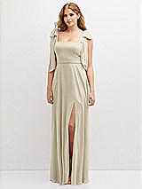 Front View Thumbnail - Champagne Bow Shoulder Square Neck Chiffon Maxi Dress