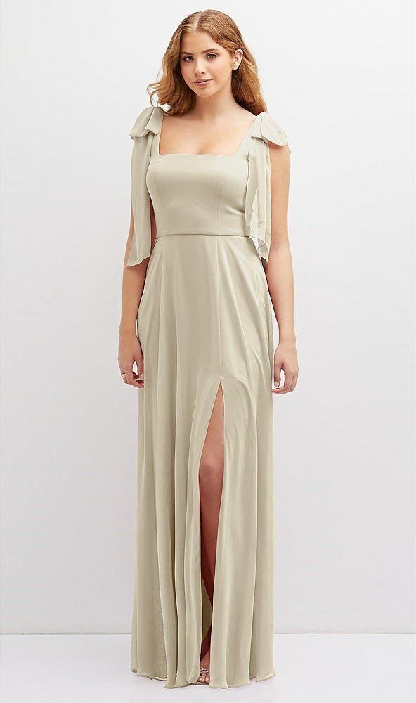 Front View - Champagne Bow Shoulder Square Neck Chiffon Maxi Dress