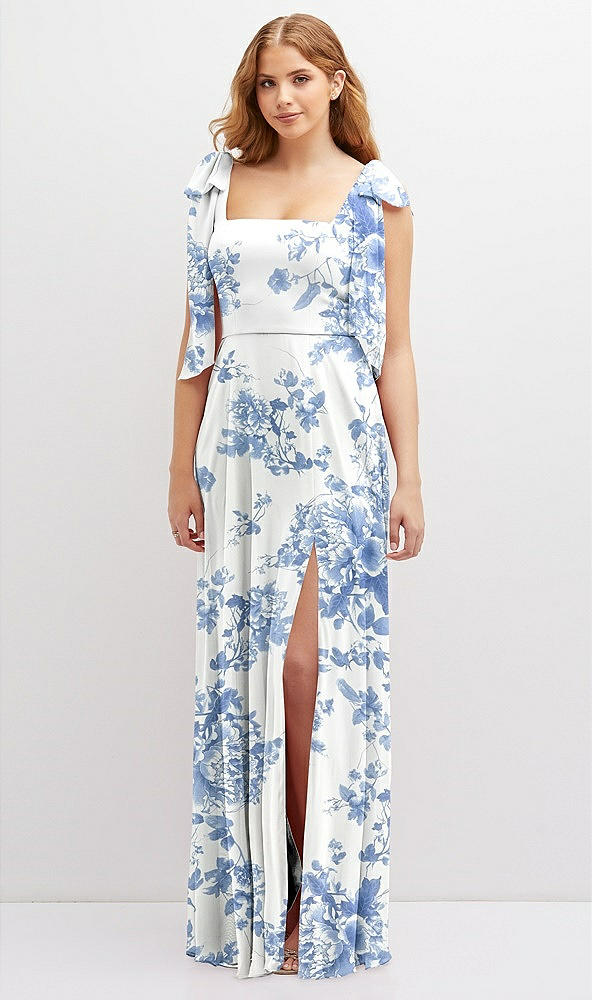 Front View - Cottage Rose Dusk Blue Bow Shoulder Square Neck Chiffon Maxi Dress